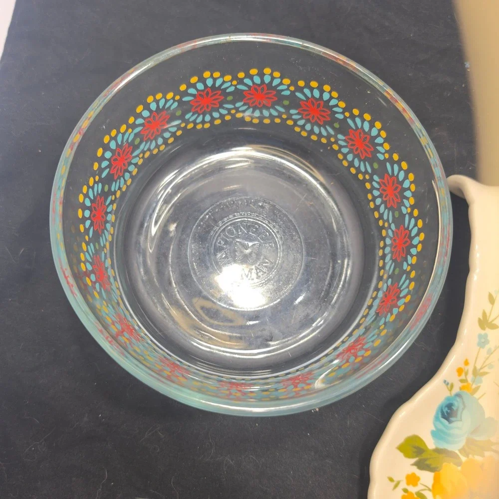 Pioneer Woman 3pc Kitchen Set Sugar Bowl Spoon Rest Glass Floral Bowl Multicolor